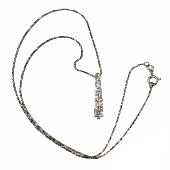 Sterling Silver CZ Cubic Zirconia Square Journey Pendant Necklace 18” - Picture 3 of 8